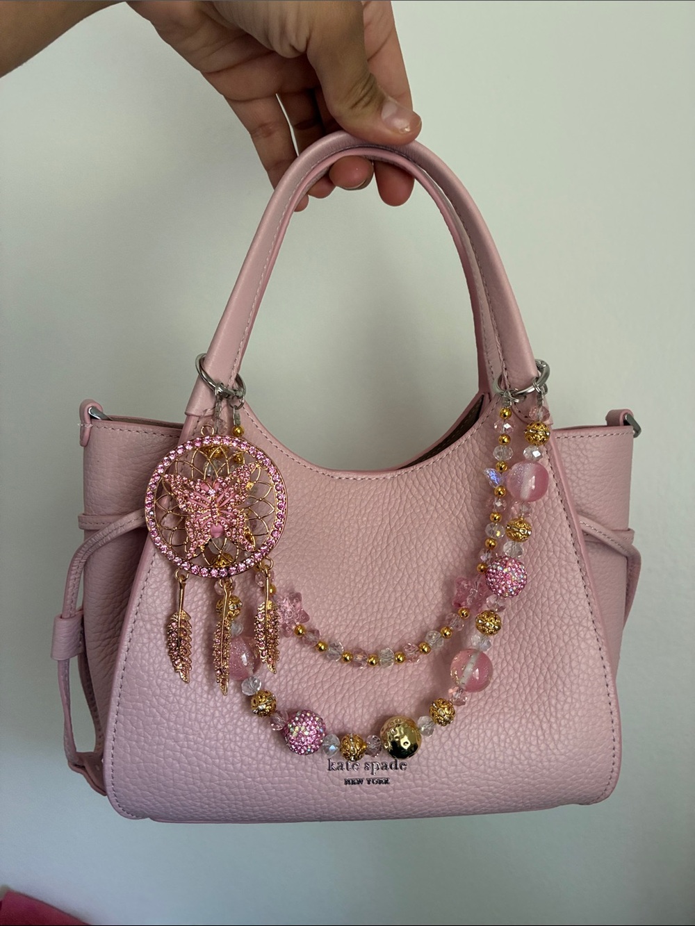 Pink Crystal Butterfly Dream Catcher Beaded Bag Chain - Picture 2 of 4
